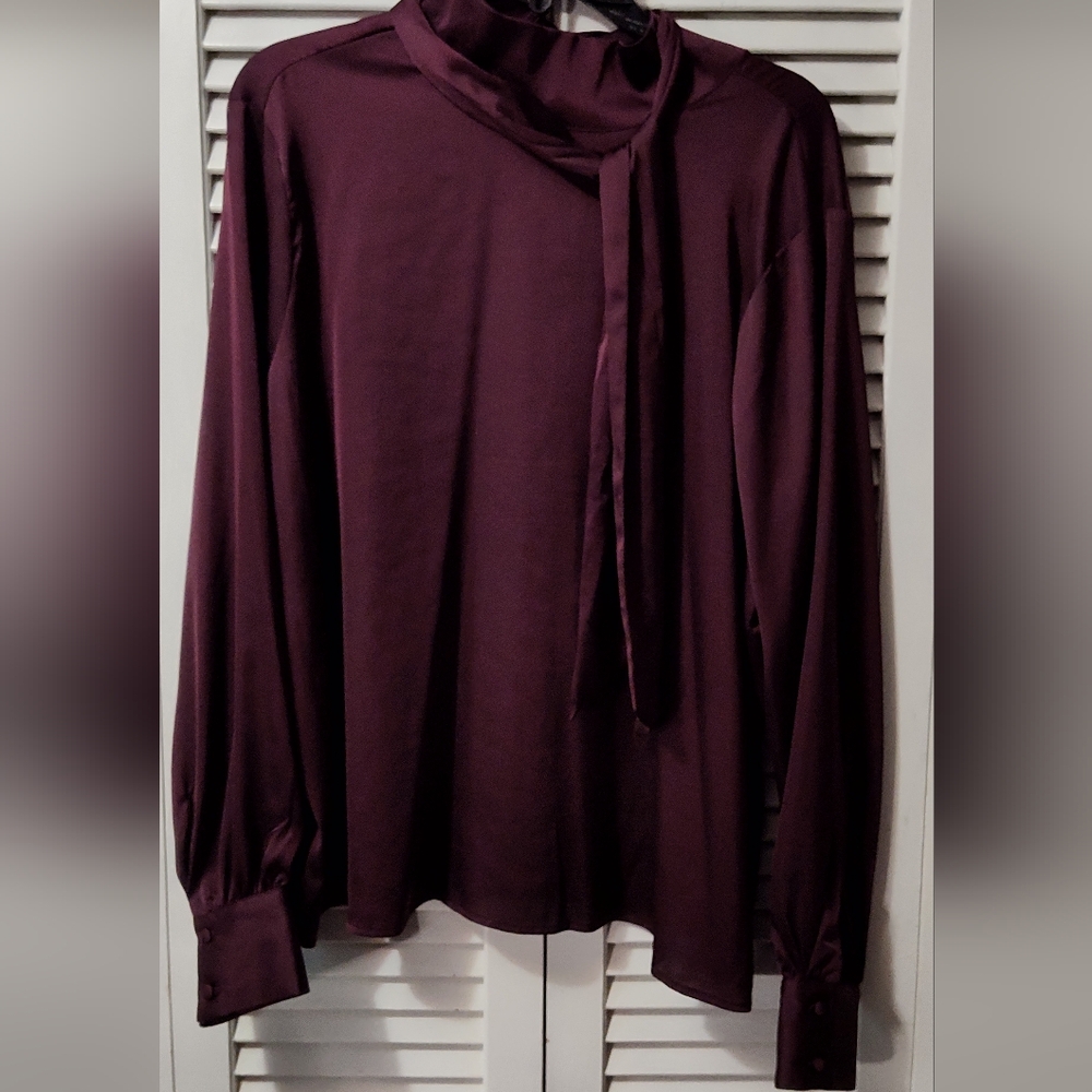 Worthington satin bow tie blouse, classic burgundy, new with tags